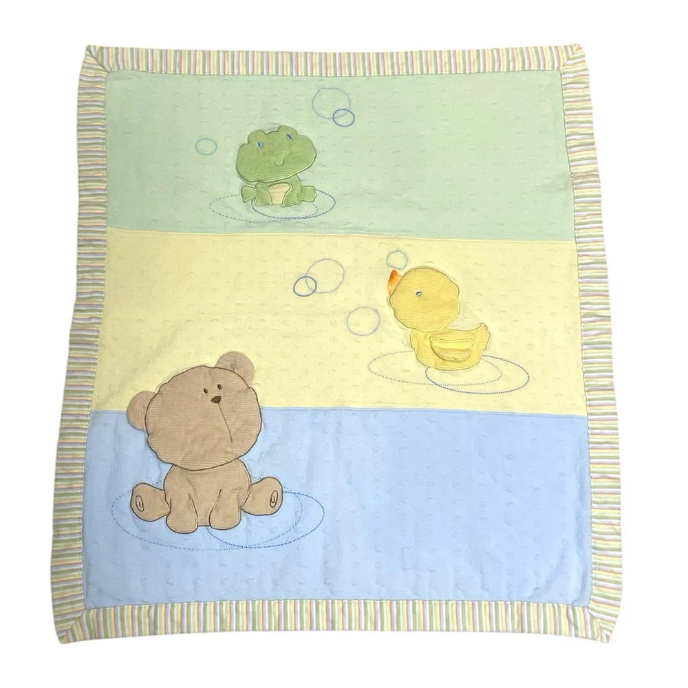Vintage Carters Bear Duck Frog Bubbles Baby Blanket Yellow Blue Green Reversible